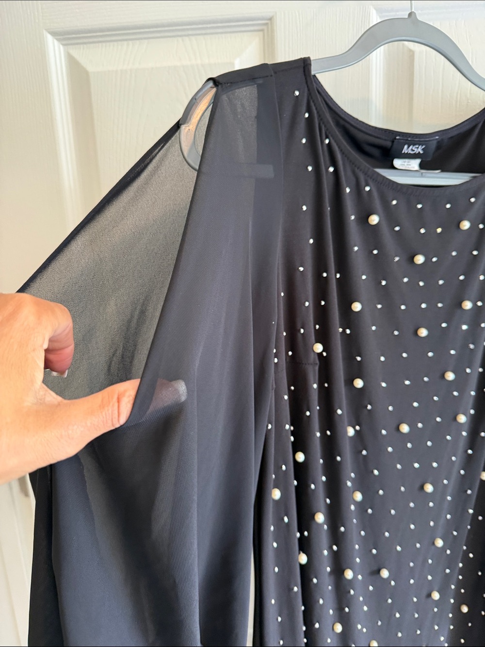 MSK Black Sheer Bishop Sleeve Pearl & Rhinestone Shift Dress - Picture 4 of 7